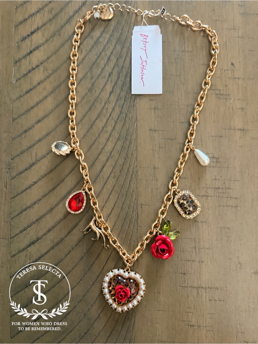 NWT Betsey Johnson Leopard Heart Rose Pearl Charm Necklace Gold Tone